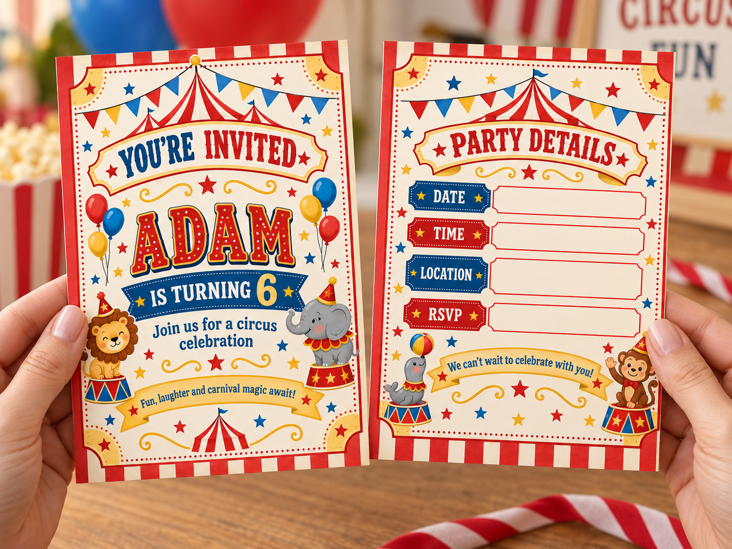 Personalised circus birthday invitation shown as a finished design