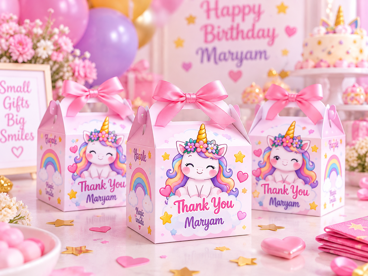 Coordinated unicorn favour boxes