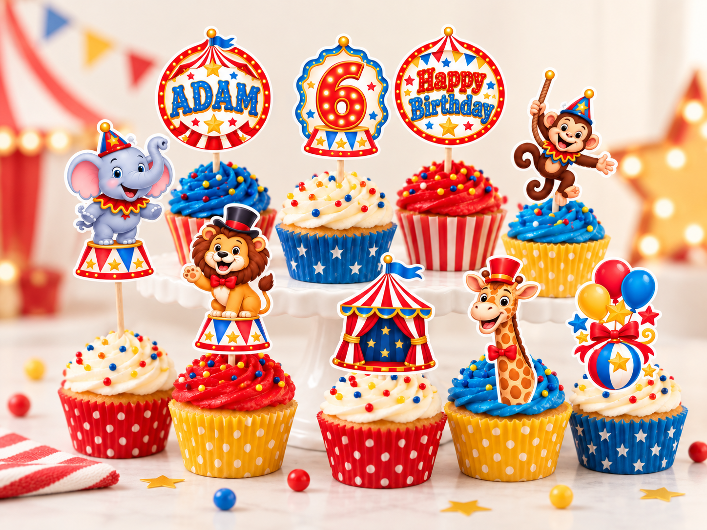 Circus Cupcake Toppers displayed on cupcakes