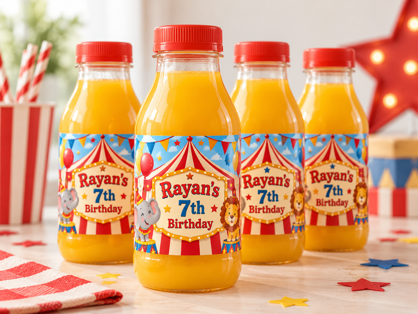 Circus Juice Bottle Labels displayed at a party
