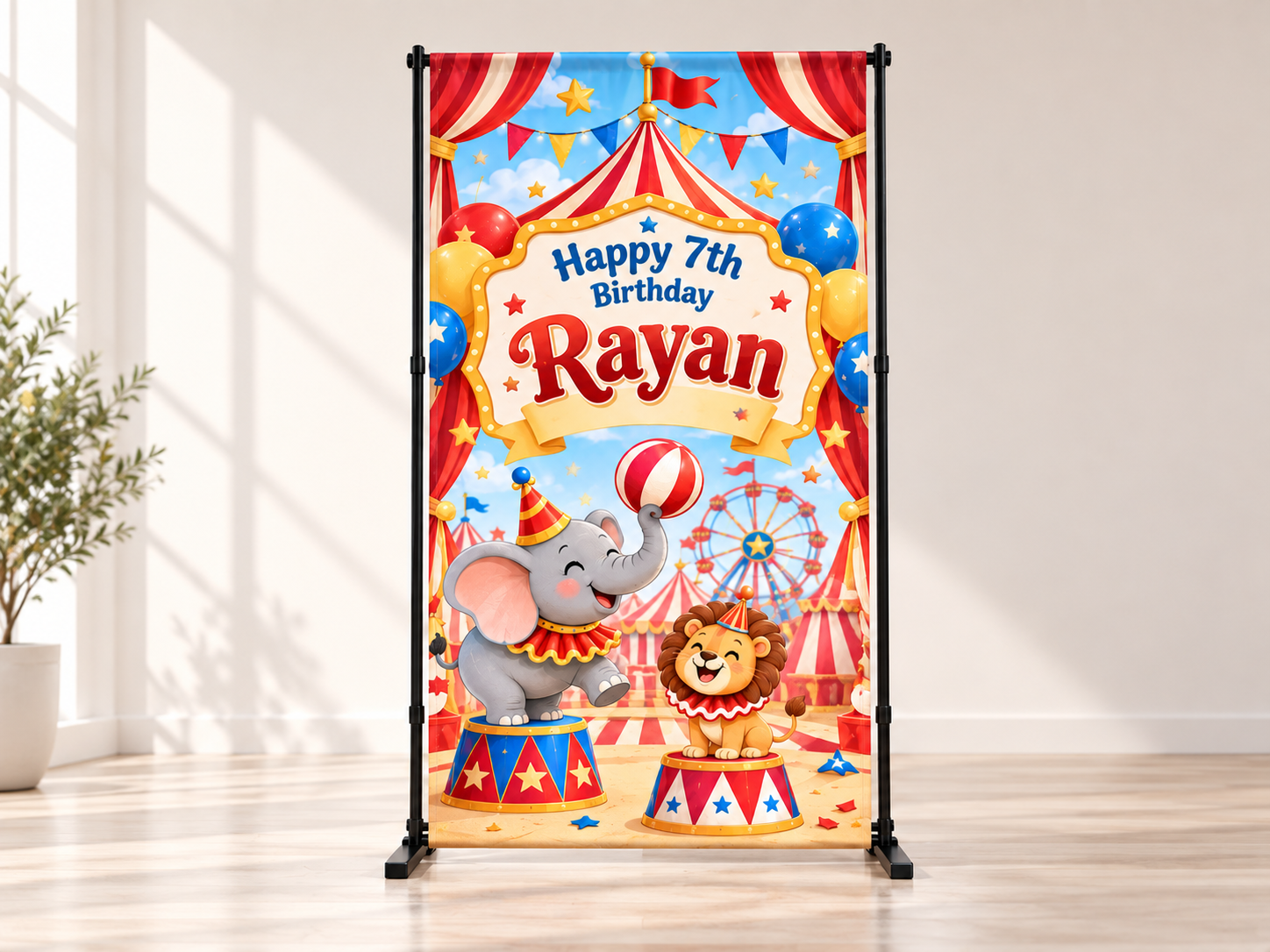 Circus Party Backdrop displayed on a frame
