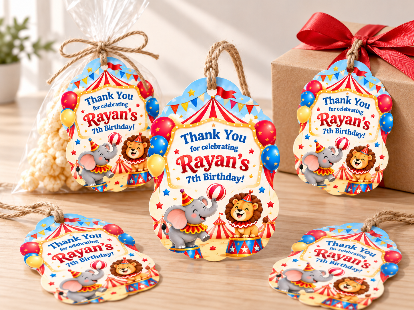 Circus Thank-you Tags displayed on party favors